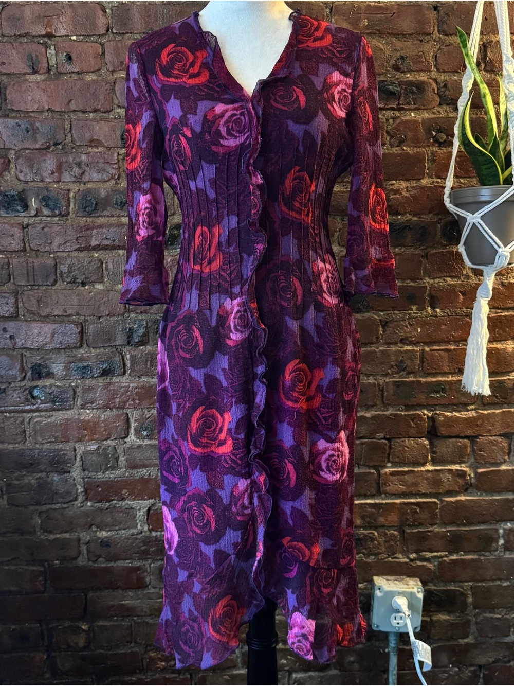Vintage Emanuel Ungaro Purple Floral Rose Print V-Neck Women's Dress